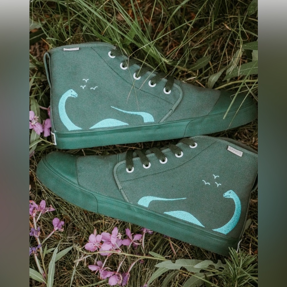 Bangs Shoes Prehistoric High Top Sneaker Vegan Footwear Green Blue Embroidered
